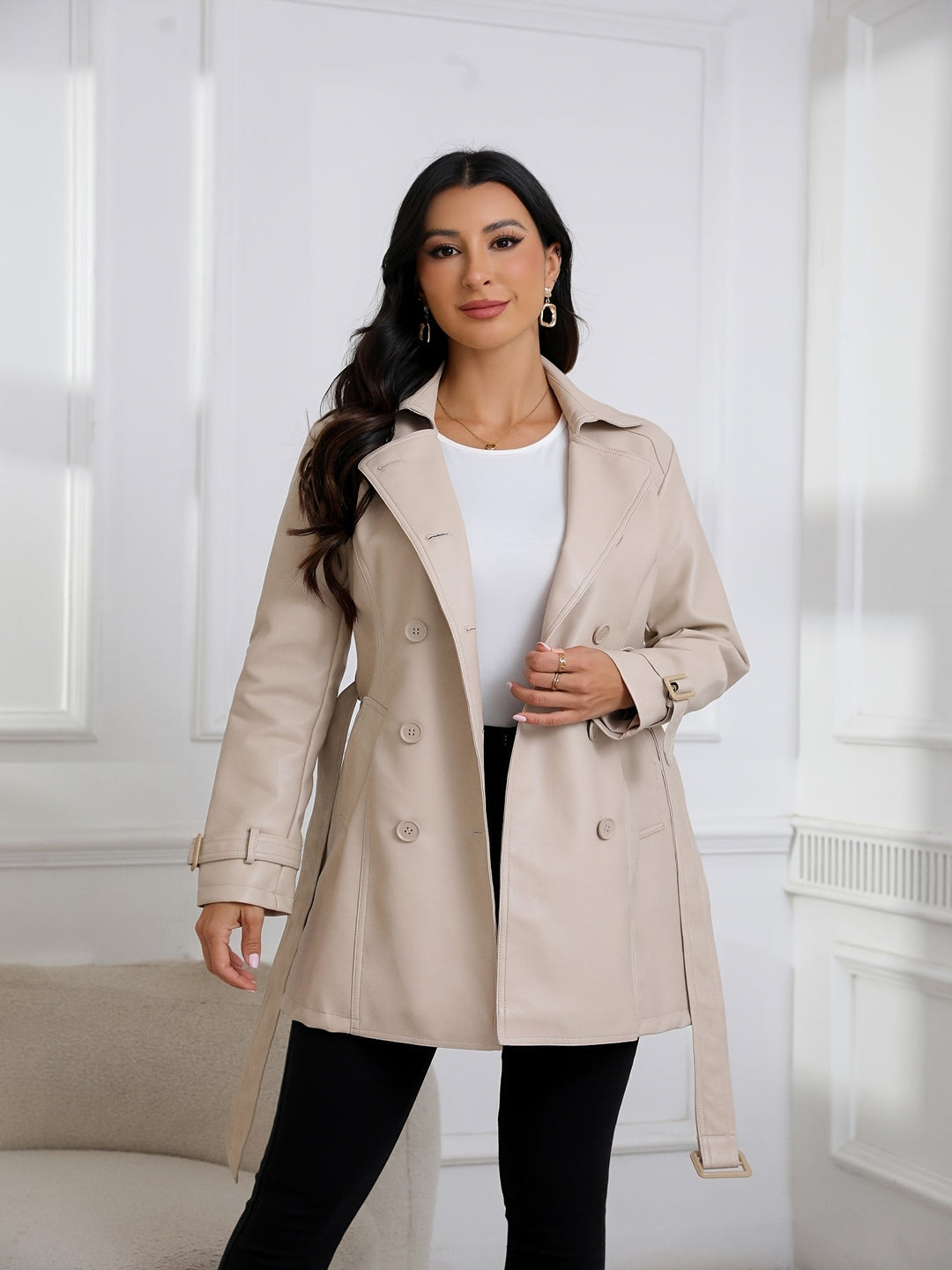 Faye – Elegancki damski wegański płaszcz trench z paskiem