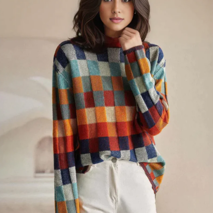 Adalynn - Kolorowy sweter z golfem o wzorze patchwork