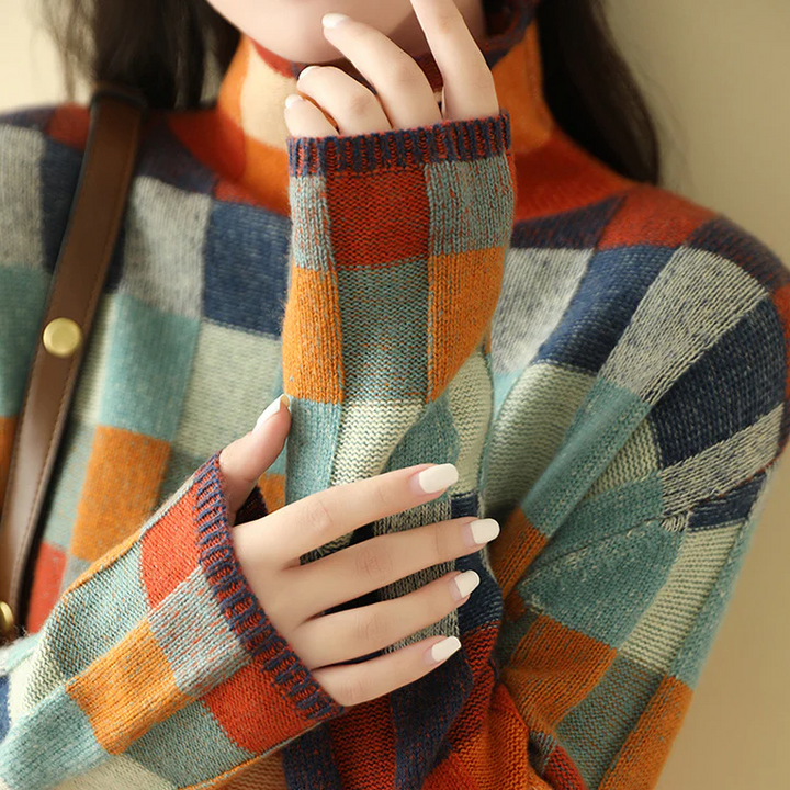 Adalynn - Kolorowy sweter z golfem o wzorze patchwork