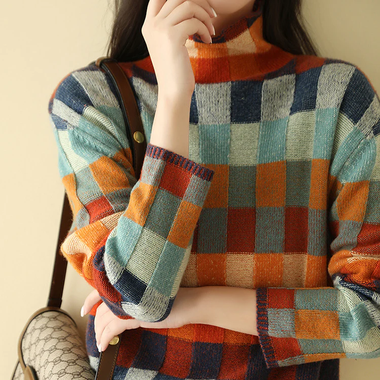 Adalynn - Kolorowy sweter z golfem o wzorze patchwork
